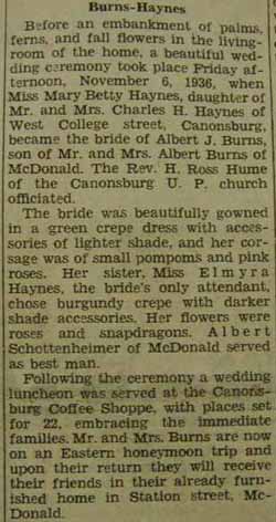 Marriage Notice for Albert J. BURNS to Mary Betty Haynes, 6 Nov 1936