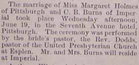 Marriage Notice for C. B. BURNS to Margaret Holmes, 19 Jun 1912