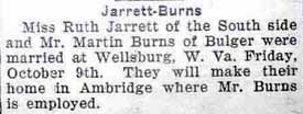 Marriage Notice for Martin BURNS to Ruth Jarrett, 9 Oct 1925