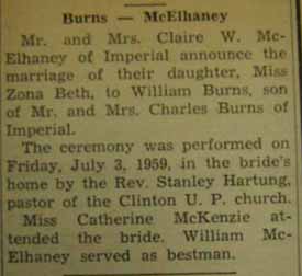 Marriage Notice for William BURNS to Zona Beth McElhaney, 3 Jul 1959