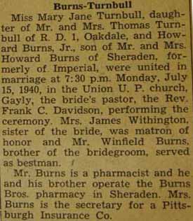 Marriage Notice for Howard BURNS, Jr. to Mary Jane Turnbull, 15 Jul 1940
