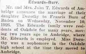 Marriage Notice for Francis BURR to Dorothy Edwards, 10 Nov 1926