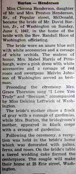 Marriage Notice for David BURTON, Jr. to Clerona Henderson, 1 Jun 1947