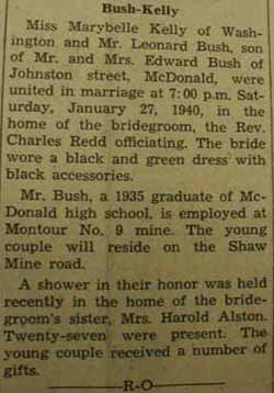 Marriage Notice for Leonard BUSH to Marybelle Kelly, 27 Jan 1940
