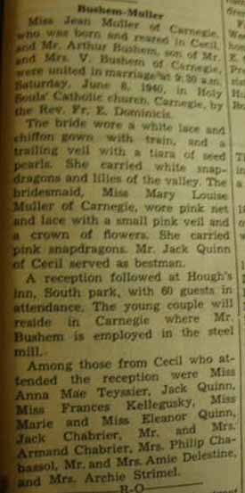 Marriage Notice for Arthur BUSHEM to Jean Muller, 8 Jun 1940