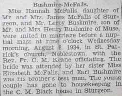 Marriage Notice for Leroy BUSHMIRE to Hannah McFalls, 8 Aug 1934
