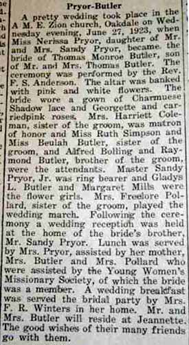 Marriage Notice for Thomas Monroe BUTLER to Nerissa Pryor, 27 Jun 1923