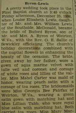 Part 1 Marriage Notice for Buford BYRON to Louise Elizabeth Lewis, 25 Dec 1936