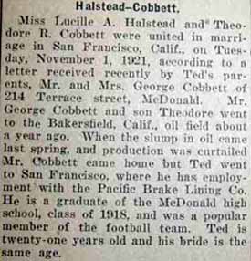 Marriage Notice for Theodore R. COBBETT to Lucille A. Halstead, 1 Nov 1921