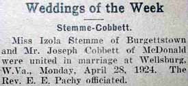 Marriage Notice for Joseph COBBETT to Izola Stemme, 28 Apr 1924