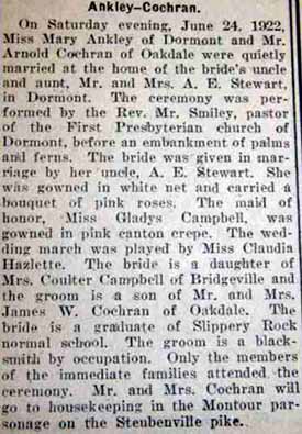 Article 2 Marriage Notice for Arnold COCHRAN to Mary Ankley, 24 Jun 1922