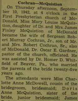 Part 1 Marriage Notice for Robert Murray COCHRAN, Jr. to Mary Louise McQuistion, 10 Sep 1942