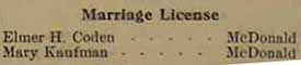  Marriage License for Elmer H. CODEN and Mary KAUFMAN, 12-25-1914