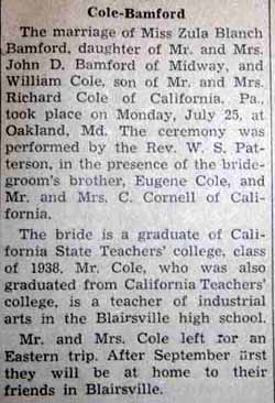 Marriage Notice for William COLE to Zula Blanch Bamford, 25 Jul 1938