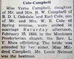 Marriage Notice for Earl COLE to Verne Campbell, 25 Feb 1939