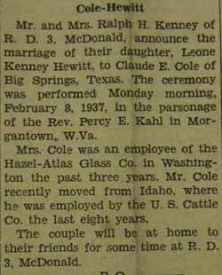 Marriage Notice for Claude E. COLE to Leone Kenney Hewitt, 8 Feb 1937
