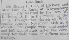 Marriage Notice for Everet P. COLE to Sara A. Rush, 14 Nov 1923
