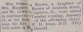 Marriage Notice for Mr. Lewis __. COLGROVE, Jr. to Miss Susanna BROWN, Tues., Jan. 24, 1911