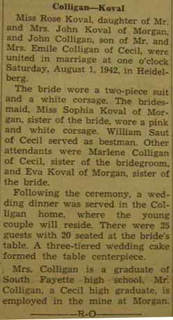 Marriage Notice for John COLLIGAN to Rose Koval, 1 Aug 1942