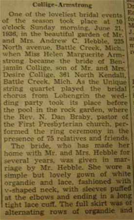 Marriage Notice for Benjamin COLLIGE to Helen Marguerite Armstrong, 21 Jun 1936