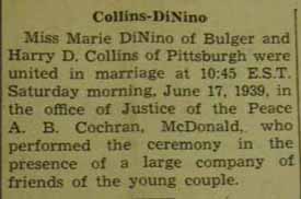 Marriage Notice for  Harry D. COLLINS to Marie DiNino, 17 Jun 1939