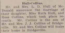 Marriage notice for Ross COLLINS to Ruth HULL, no date, in newspaper Sept. 20, 1928