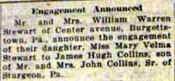 Engagement Notice for James Hugh COLLINS to Mary Velma STEWART, engagement