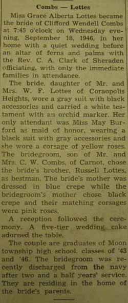 Marriage Notice for Clifford Wendell COMBS to Grace Alberta Lottes, 18 Sep 1946