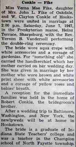 Marriage Notice for W. Clayton CONKLE to Verna Mae Fike, 7 Jun 1947
