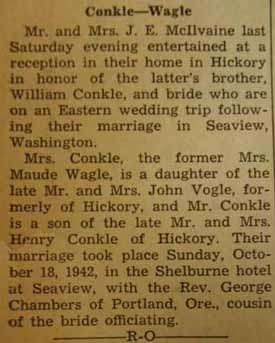 Marriage Notice for William CONKLE to Maude Wagle, 18 Oct 1942