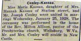 Marriage Notice for Joseph CONLEY to Marie Kassau, 25 Jan 1928