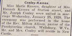 Marriage Notice for Joseph CONLEY to Marie Kassau, Wed., 25 Jan 1928