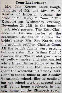 Marriage Notice for Harry C. CONN to Mrs. Ialo Kearns Lauderbaugh, 24 Nov 1938