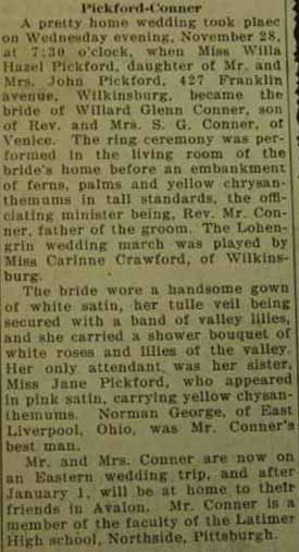 Marriage Notice for Williard Glenn CONNER to Willa Hazel Pickford, 28 Nov 1928