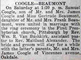 Marriage Notice for Samuel COOGLE to Gertrude Beaumont, no date, in 2-23-1922 paper