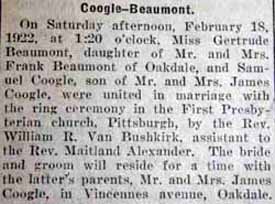 Marriage Notice for Samuel COOGLE to Gertrude Beaumont, no date, in 2-23-1922 paper