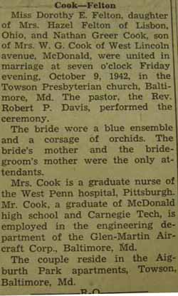 Marriage Notice for Nathan Greer COOK to Dorothy E. Felton, 9 Oct 1942