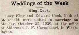 Marriage Notice for Edward COOK to Lucy King, 25 Oct 1926