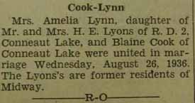 Marriage Notice for Blaine COOK to Mrs. Amelia Lynn, 26 Aug 1936