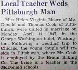 Article 1 Marriage Notice for Thomas COOK to Helen Virginia Moore, 14 Apr 1947