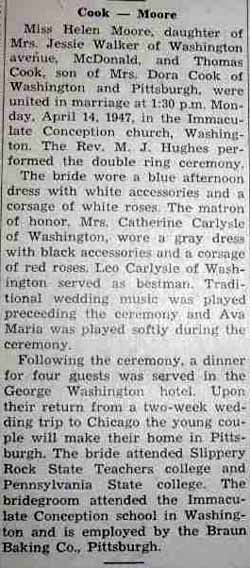 Article 2 Marriage Notice for Thomas COOK to Helen Virginia Moore, 14 Apr 1947