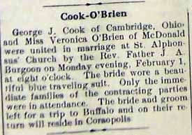 Marriage Notice for George J. COOK to Veronica O'BRIEN, Mon., Feb. 1, 1915