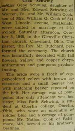 Part 1 Marriage notice for William COOK to Gene Schwing, 5 Oct 1940
