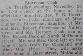 Marriage Notice for Herbert COOK to Euphemia Stevenson, 28 Nov 1922