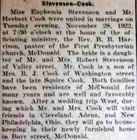 Marriage Notice for Herbert COOK to Euphemia Stevenson, 28 Nov 1922