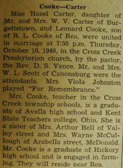 Marriage Notice for Leonard COOKE to Hazel Carter, 10 Oct 1940