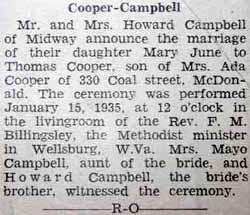 Marriage Notice for Thomas COOPER to Mary June Campbell, 15 Jan 1935