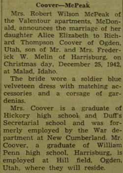 Marriage Notice for Richard Thompson COOVER to Alice Elizabeth McPeak, 25 Dec 1942