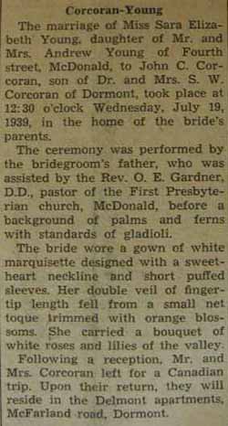 Marriage Notice for John C. CORCORAN to Sara Elizabeth Young, 19 Jul 1939