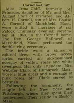 Marriage Notice for Albert H. CORNELL to Irma Chiff, 24 Nov 1943